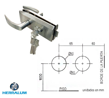 Cerradura para puerta de vidrio doble manija cilindro mariposa 1173 Herralum